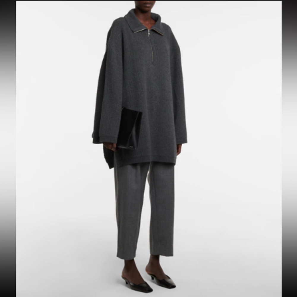 Toteme fisherman zipped wool blend roll neck sweater dark gray melange oversized - Picture 2 of 10